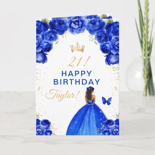 Carte Blue Floral Dark Skin Girl Joyeux anniversaire (Devant)