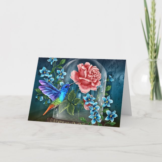 Carte Blue Floral Hummingbird (Devant)