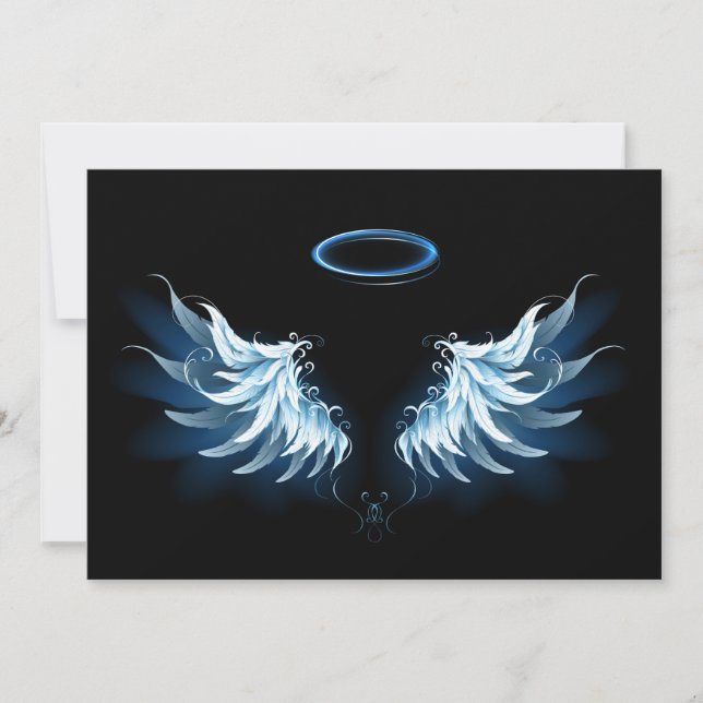 Carte Blue Glowing Angel Wings on black background (Devant)