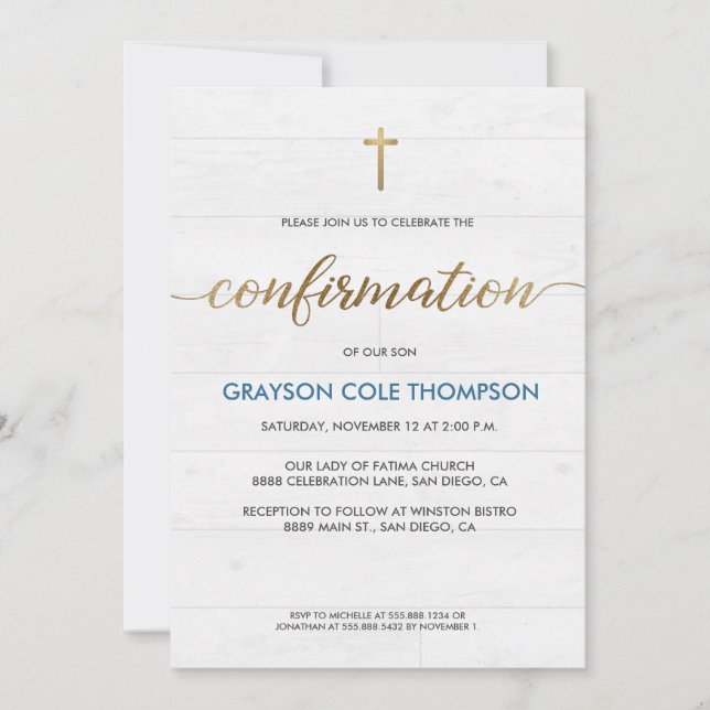 Carte Blue Gold cross Personnalisable Boy Confirmation (Devant)
