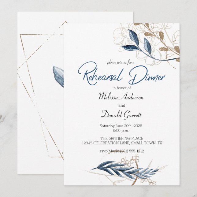 Carte Blue Gold Floral Moderne Dîner de répétition éléga (Devant / Derrière)