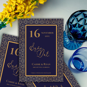 Carte Blue Gold Intricate Design Wedding Enregistrer la