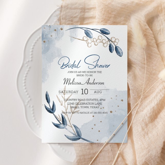 Carte Blue Gold Moderne Floral Fête des mariées élégante (Créateur téléchargé)