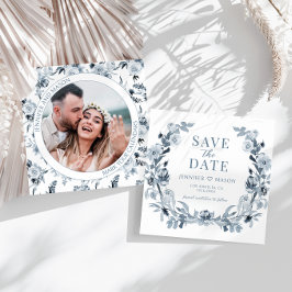 Carte Blue Grey Floral Enregistrer La Date Photo Invitat