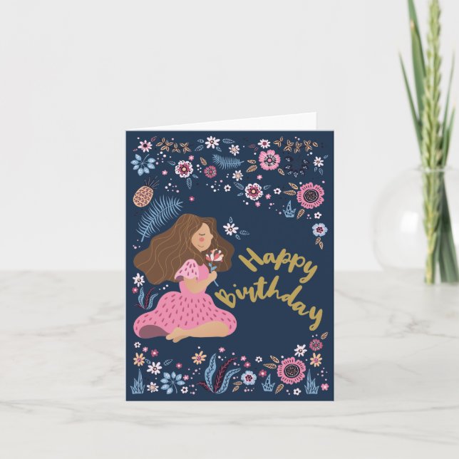 Carte Blue Happy Birthday Lady Floral Flowers (Devant)