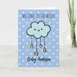 Carte Blue Polka Dot Cloud Welcome Baby Nom du garçon