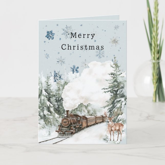Carte Blue Snowflakes Christmas Deer Train (Devant)