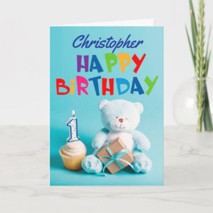 Carte Blue Teddy Bear 1er anniversaire