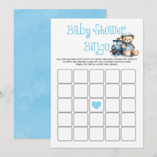 Carte Blue Teddy Bear Train Boy Baby shower Bingo Card