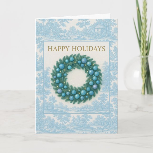 Carte Blue Toile Holiday Card with Winter Wreath (Devant)