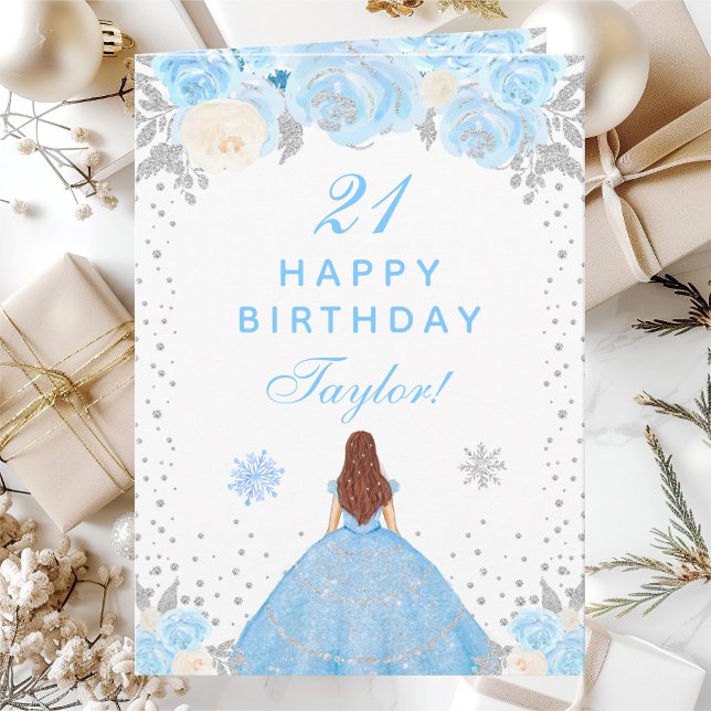 Carte Blue Winter Brown Cheveux Princesse Anniversaire (Créateur téléchargé)