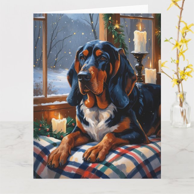 Carte Bluetick Coonhound avec lumières de Noël Vacances (Fleur jaune)