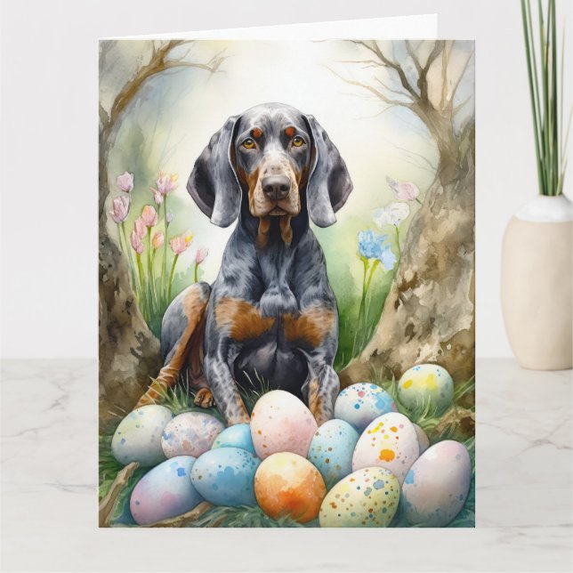 Carte Bluetick Coonhound Chien avec Oeufs de Pâques Fête (Devant)