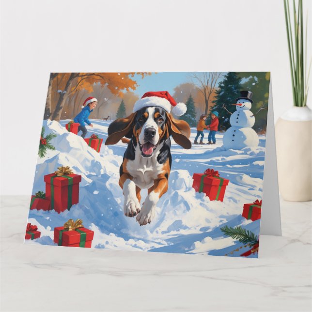 Carte Bluetick Coonhound Courir dans la neige avec Noël (Devant)