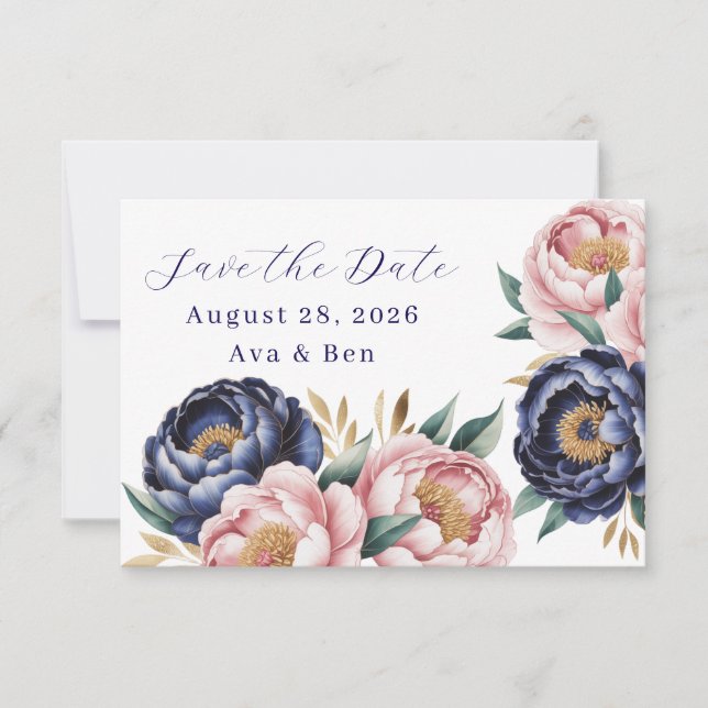 Carte Blush et Navy Blue Peony Mariage Enregistrer la da (Devant)