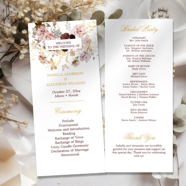 Carte Blush Peony & Gold Burgundy Floral Wedding Program (Créateur téléchargé)