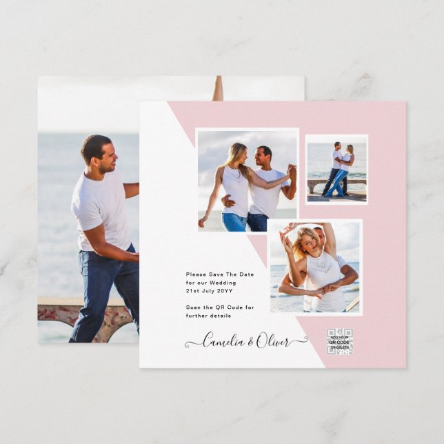 Carte Blush PINK Photo Wedding Inviter QR Code Enregistr (Devant / Derrière)