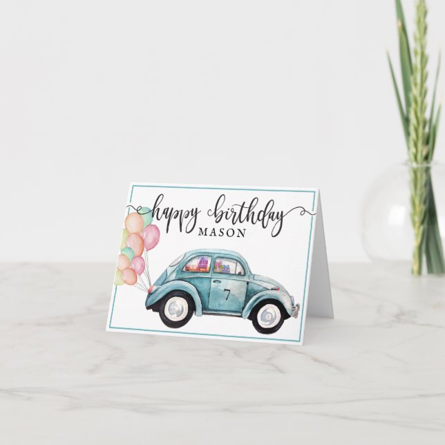 Carte Bogue classique | Voiture bleue avec ballons | Ann (Devant)