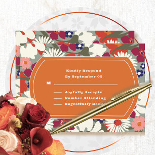 Carte Bohème Floral Orange Vert Retro Mariage RSVP