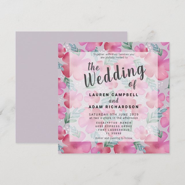 Carte Boho Aquarelle Floral Blush Mariage rose (Devant / Derrière)
