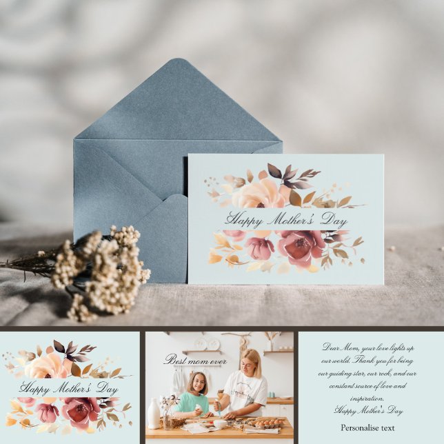 Carte Boho aquarelle photo personnalisée fête de la mère (Boho water colour floral personalised photo mother’s day card.)