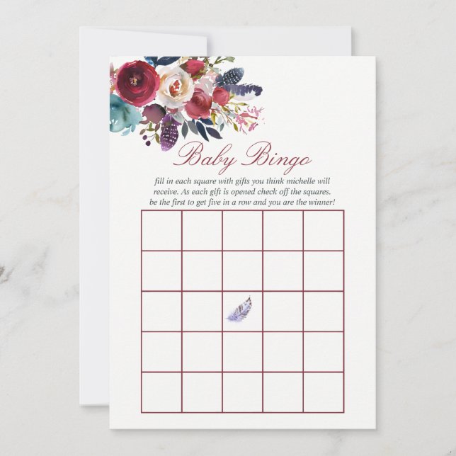 Carte Boho chic bordeaux et marine Baby Bingo (Devant)