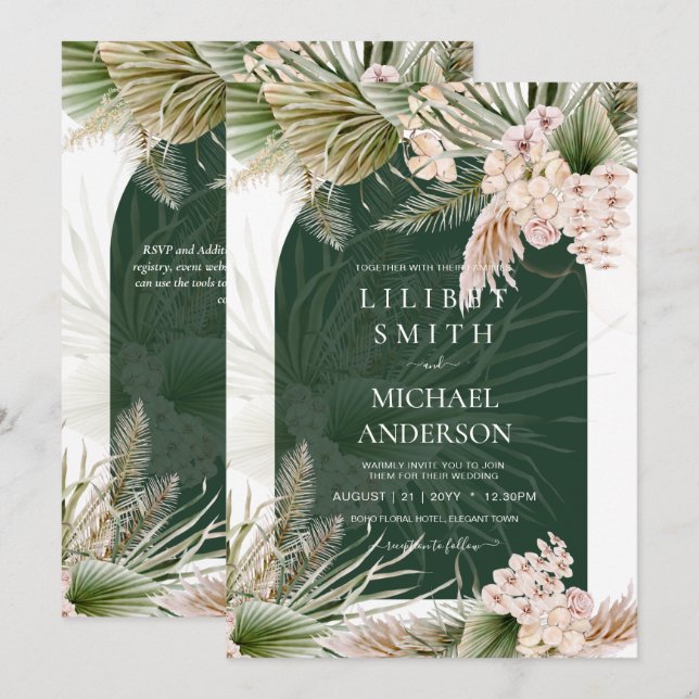 Carte BOHO Emerald Green Pampas Grass Mariage (Devant / Derrière)