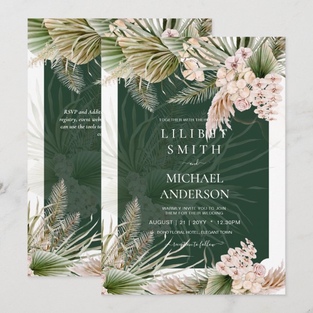 Carte BOHO Emerald Green Pampas Grass Peach Mariage (Devant / Derrière)