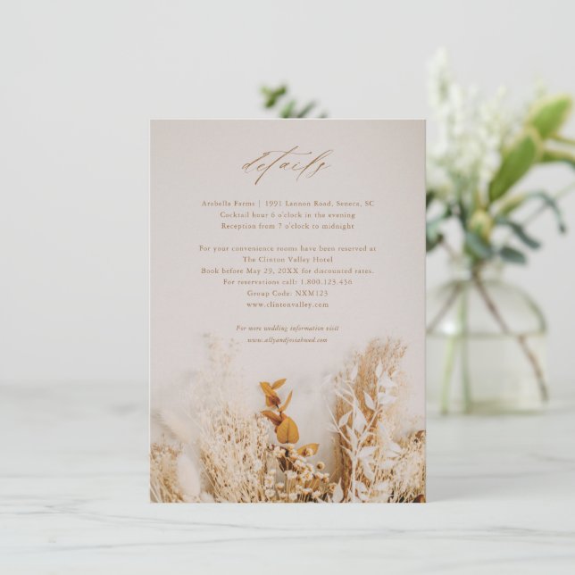 Carte Boho Floral Script Détails du Mariage (Debout devant)