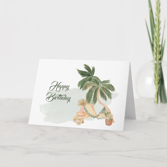 Carte Boho Green Hammock Palm Trees Floral Anniversaire (Devant)