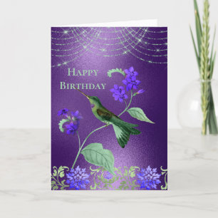 Carte Boho Green Purple Hummingbird Floral Anniversaire