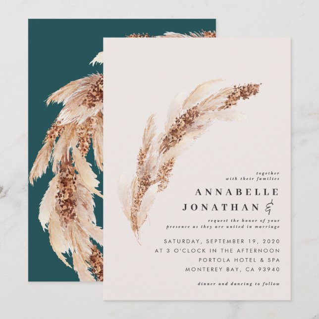 Carte Boho naturel Pampas turquoise herbe mariage élégan (Devant / Derrière)