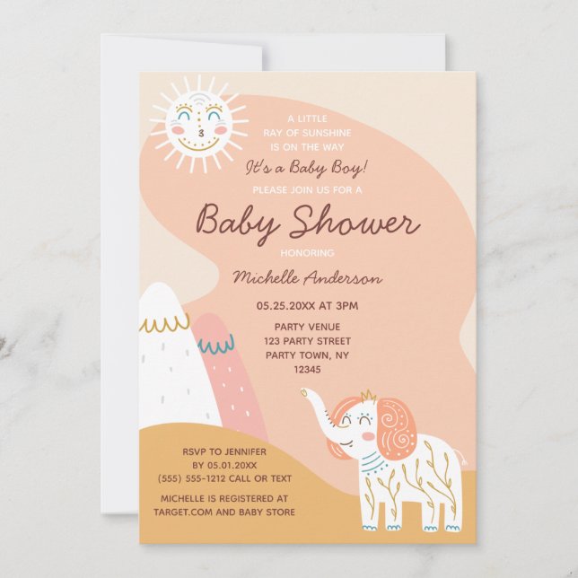 Carte Boho Ray of Sunshine Elephant Muted Baby shower (Devant)
