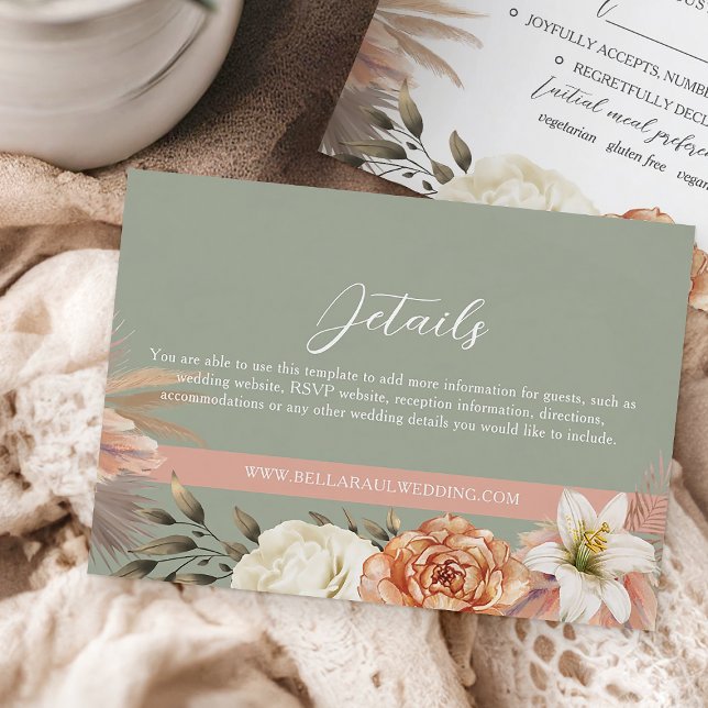 Carte Boho Sage Green Peach Floral Mariage Détails (Créateur téléchargé)