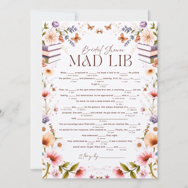 Carte Boho Storybook Floral Mad Libs Fête des mariées Je (Devant)