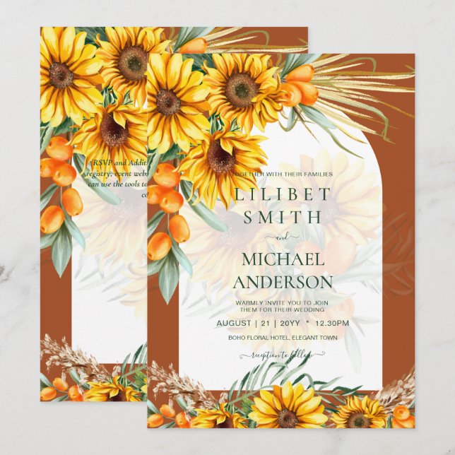 Carte BOHO Sunflowers Pampas Grass Mariage Terracotta (Devant / Derrière)