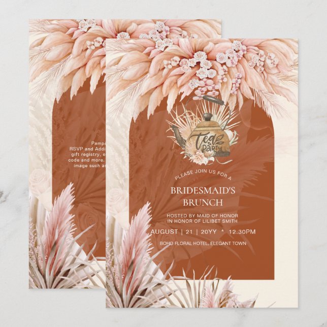 Carte BOHO Tea Party Fête des mariées Pampas Grass (Devant / Derrière)