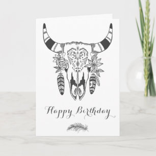 Carte Boho Tribal Crâne gris et blanc Bohème anniversair
