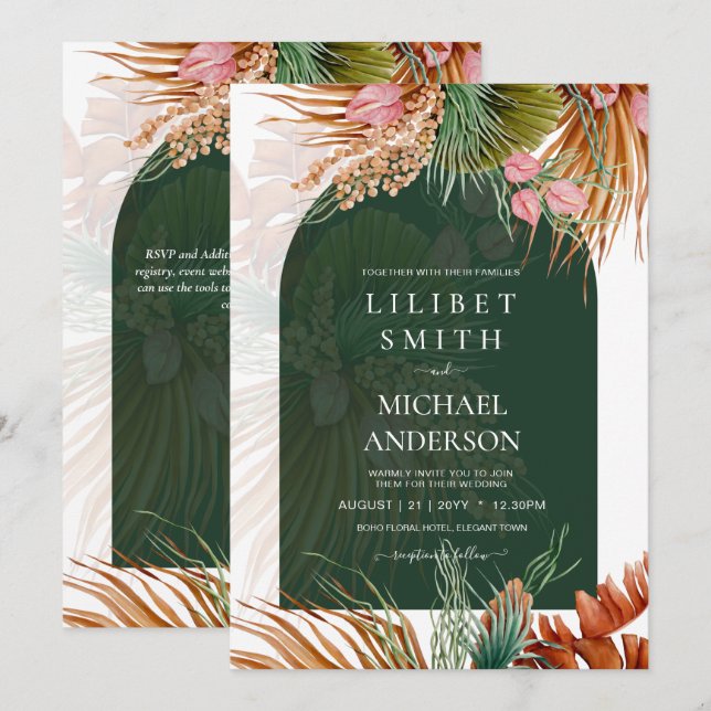 Carte BOHO Tropical Pampas Grass Mariage (Devant / Derrière)