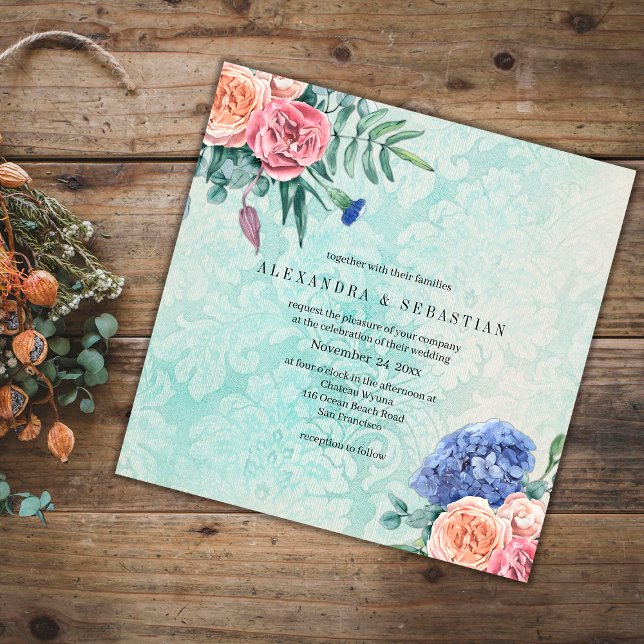 Carte Boho Vintage Faded Green Roses, Hydrangea Mariage (Créateur téléchargé)