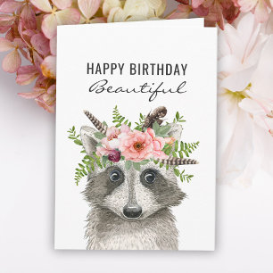 Carte Boho Watercolor Raccoon Joyeux anniversaire