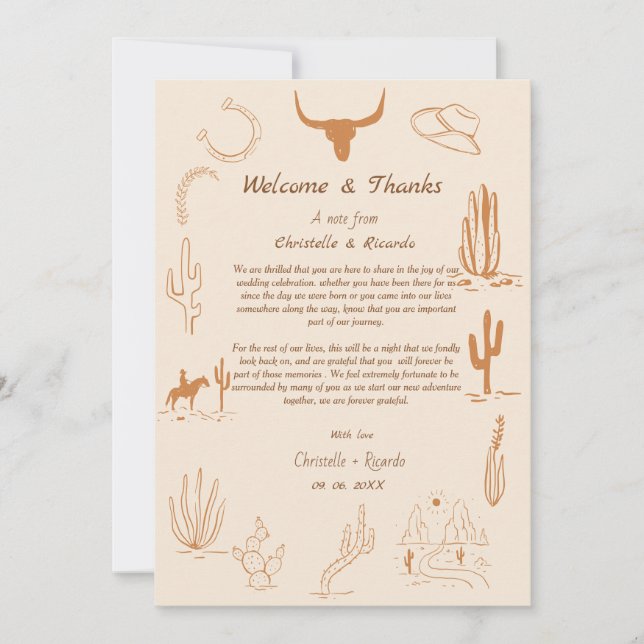 Carte Boho Western Bienvenue et merci note Mariage (Devant)