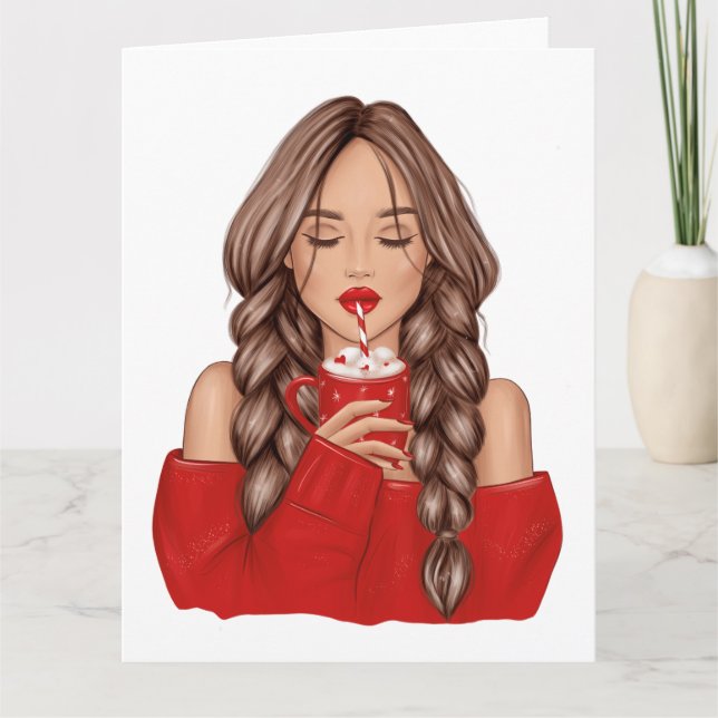 Carte Boire du chocolat chaud en hiver avec un pull roug (Devant)