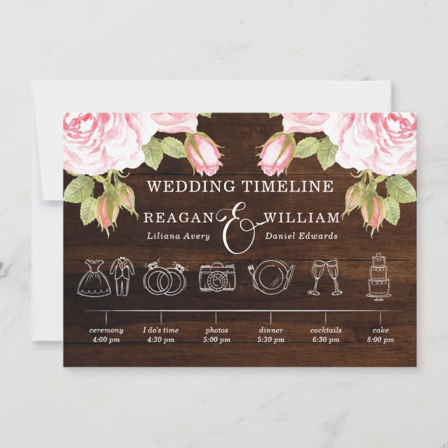 Carte Bois rustique Lumières Rose Mariage Timeline (Devant)
