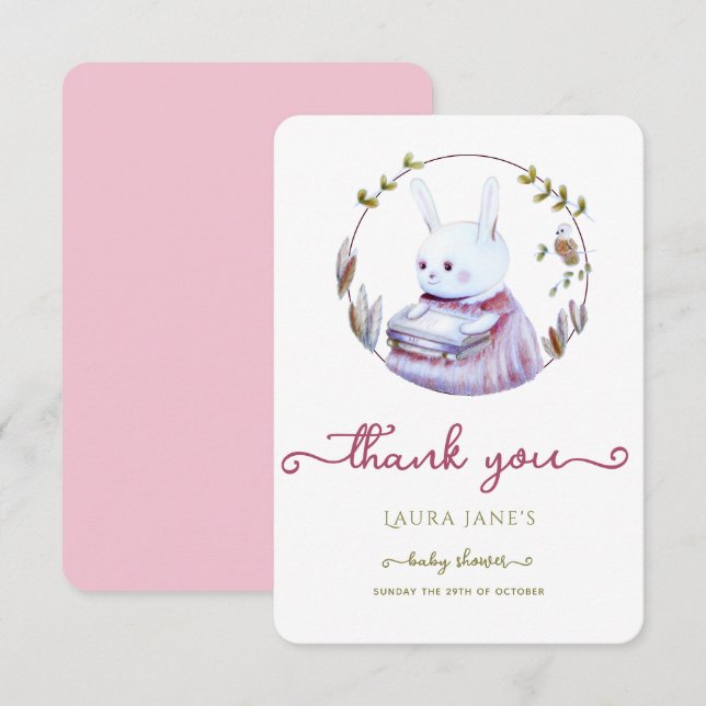 Carte Bois rustique mignon lapin Baby shower Merci (Devant / Derrière)