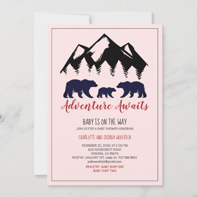 Carte Bois rustique Ours Bébé rose Baby shower fille (Devant)