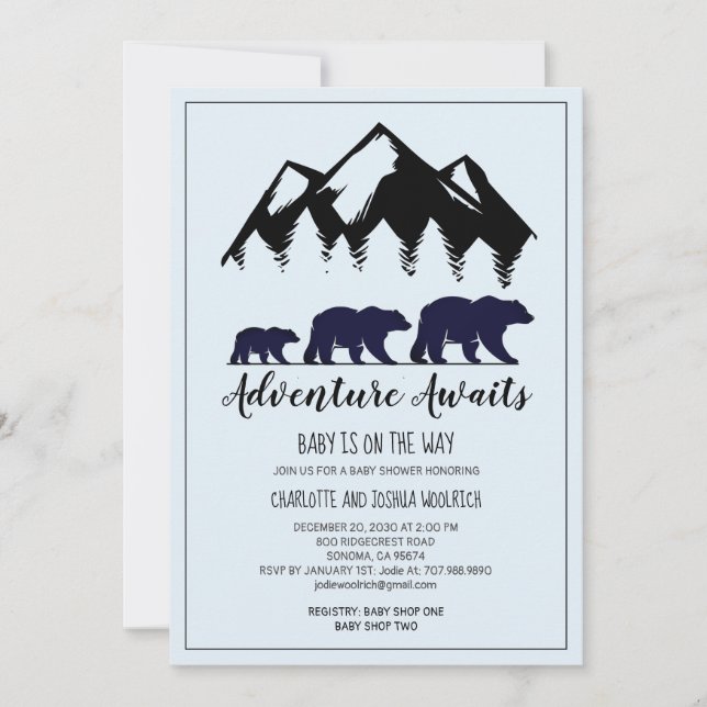 Carte Bois rustique Ours Bleu Baby shower garçon (Devant)