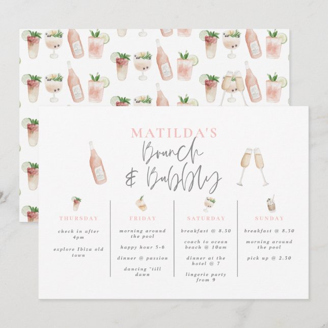 Carte Boissons d'aquarelle brunch et bachelorette mousse (Devant / Derrière)