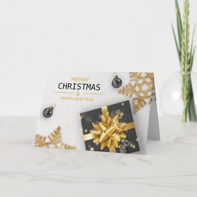 Carte Boîte de cadeau noire Boules de Noël Flocons de ne (Devant)