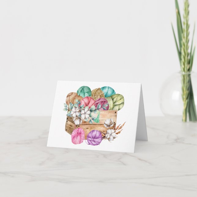 Carte Boîte remplie de fils de Tricot et de fleurs de co (Devant)